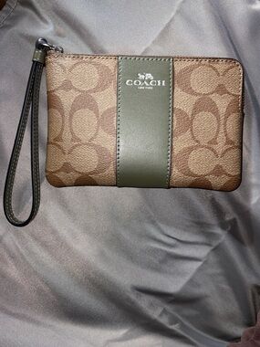 Coach Brown Monogram Wristlet with Olive Accent